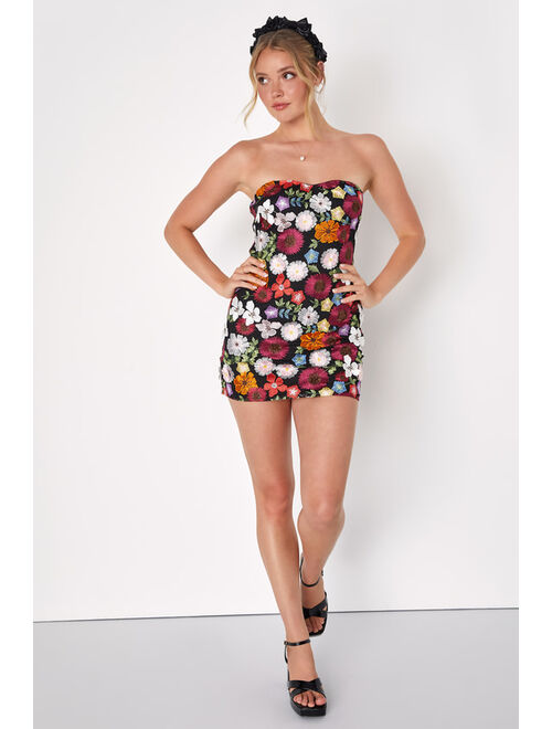 Lulus Thriving Beauty Black 3D Floral Embroidered Strapless Mini Dress