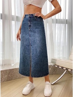 Women's Casual High Waist Zip Up Jean Skirt A Line Long Denim Skirts with Pocket