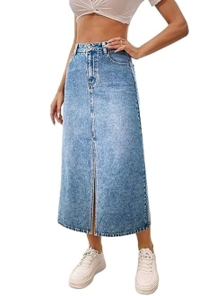 Women's Casual High Waist Zip Up Jean Skirt A Line Long Denim Skirts with Pocket