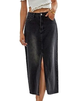 Women's Casual High Waist Zip Up Jean Skirt A Line Long Denim Skirts with Pocket