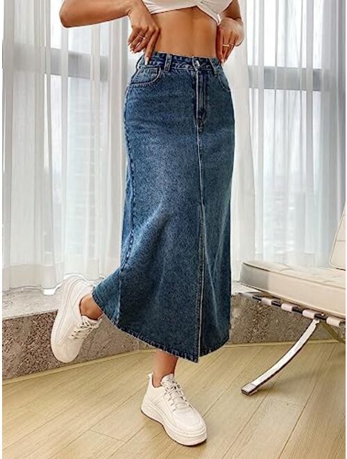 SweatyRocks Women's Casual High Waist Zip Up Jean Skirt A Line Long Denim Skirts with Pocket