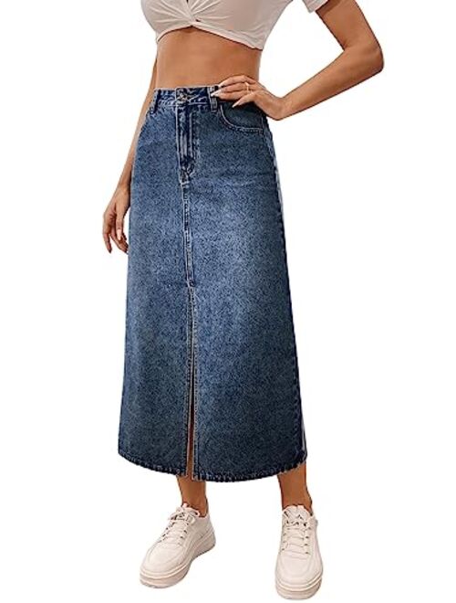 SweatyRocks Women's Casual High Waist Zip Up Jean Skirt A Line Long Denim Skirts with Pocket