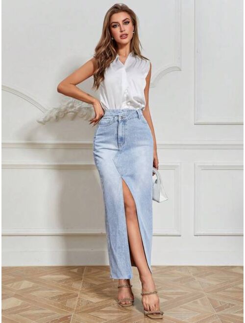 SHEIN Prive High Waist Split Thigh Denim Skirt