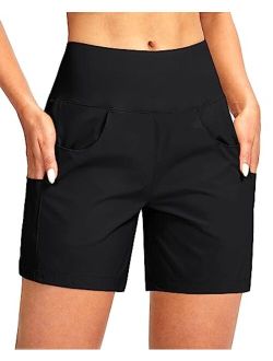 Women's 5" Swim Board Shorts with 4 Pockets High Waisted Quick Dry Beach Shorts Tummy Control for Women with Liner