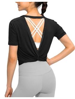 Women's Backless Workout Tops Short Sleeve Gym Shirts Soft Open Back Yoga Athletic Crop Tops for Women