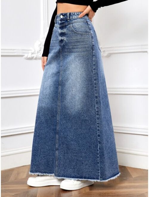 SHEIN Frenchy Raw Hem A-line Denim Skirt