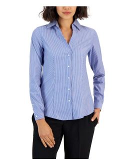 Women's Striped Easy Care Button Up Long Sleeve Blouse