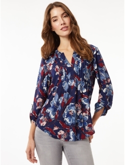 Women's Floral-Print Pintuck Roll-Tab Shirt
