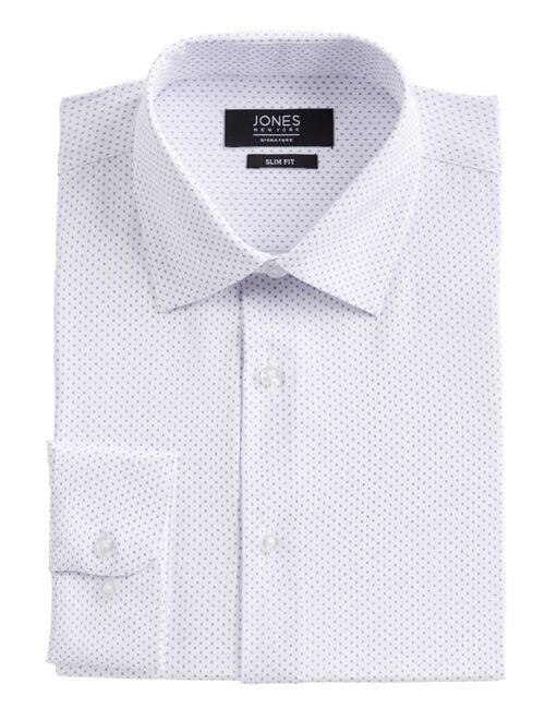 JONES NEW YORK Men's Slim-Fit Performance 4-Way Stretch Tech White/Blue Dotted Diamond-Print Dress Shirt