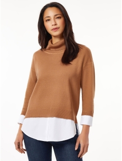 Women's Cowlneck Mixed-Media Layered Sweater
