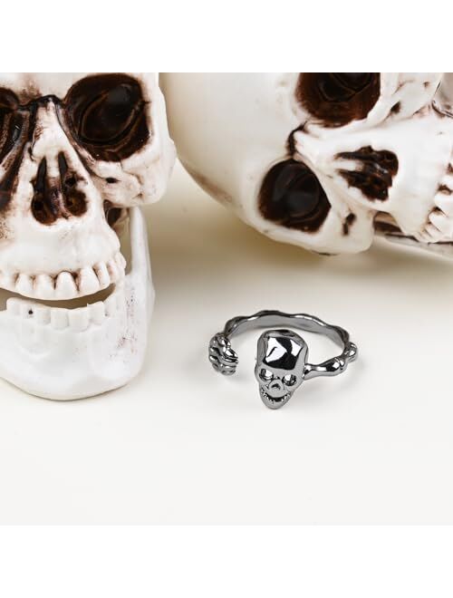 Teppdfann Halloween Rings Black Skull Ring Gothic Skeleton Hand Open Ring for Women Halloween Jewelry for Party