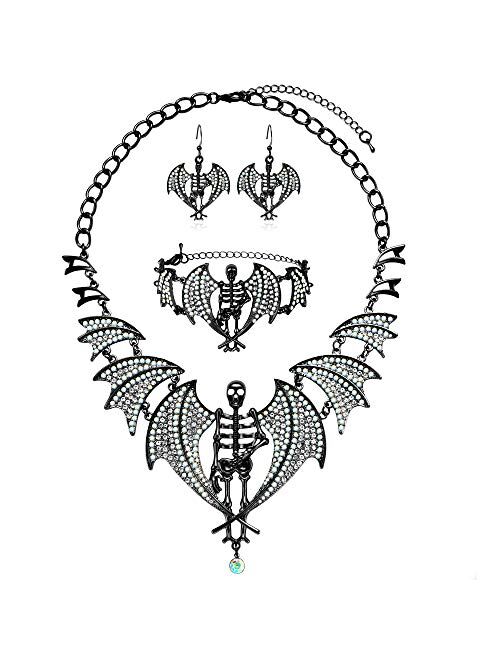 MMIRACULOUS GARDEN 3 Pack Halloween Gothic Skull Skeleton Collar Choker Necklace Link Bracelet and Drop Earrings Jewelry Set for Women Girls