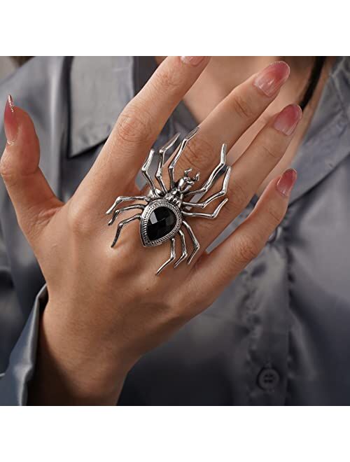 YERTTER Punk Grunge Silver Black Spider Ring Halloween Speacial Statement Ring Oversized Exaggrated Ring Costume Party Gift for Teens