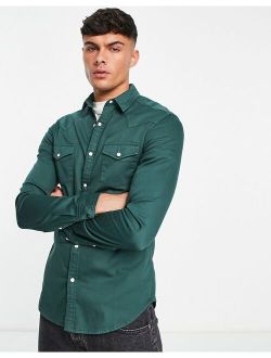 skinny denim shirt in forest green