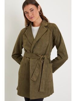 Always Elevated Olive Green Vegan Suede Collared Trench Coat