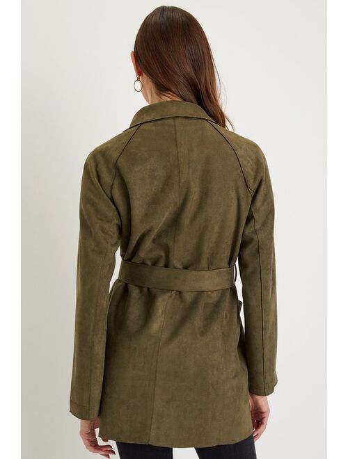 Lulus Always Elevated Olive Green Vegan Suede Collared Trench Coat