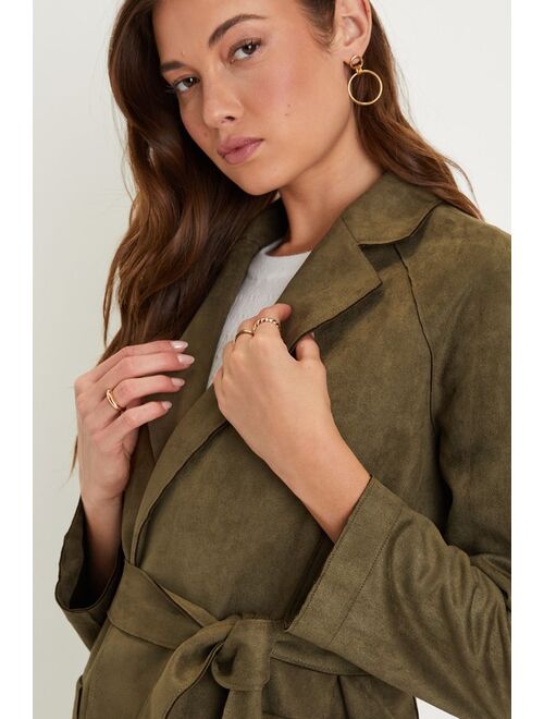 Lulus Always Elevated Olive Green Vegan Suede Collared Trench Coat