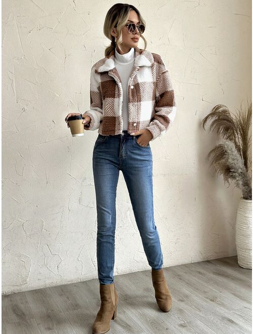 SHEIN LUNE Buffalo Plaid Pattern Drop Shoulder Teddy Jacket