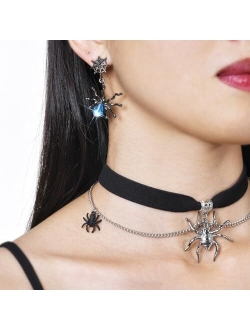 TempBeau Haloween Women Choker Punk Earring : Layer Rope Necklace Earring Set with Spider Pendant Cospay Gothic Chains for Girls Daughter, Black Stainless Steel Jewelry O