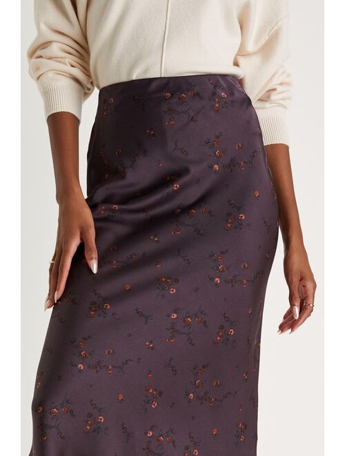 Lulus Refined Style Dark Purple Floral Print High-Waisted Midi Skirt