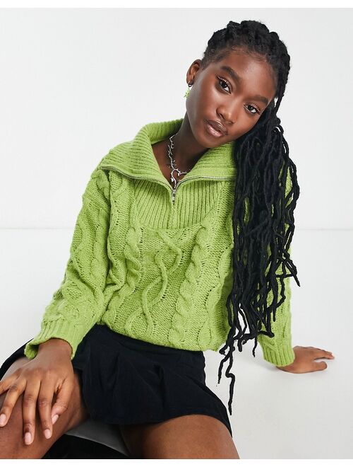 Daisy Street cable knit sweater with collar in green