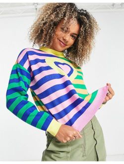relaxed boxy knit sweater in mix stripe print with heart graphic