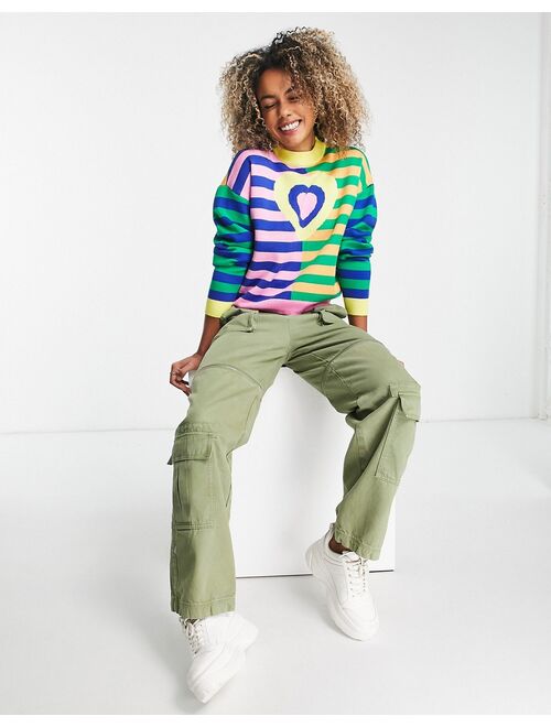 Daisy Street relaxed boxy knit sweater in mix stripe print with heart graphic