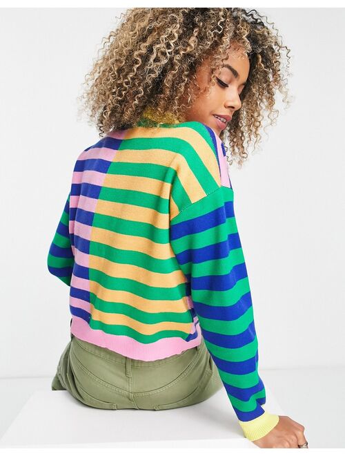 Daisy Street relaxed boxy knit sweater in mix stripe print with heart graphic