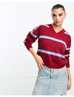 fitted v neck sweater in fluffy stripe knit