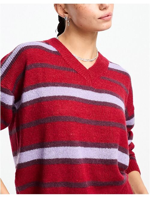 Daisy Street fitted v neck sweater in fluffy stripe knit