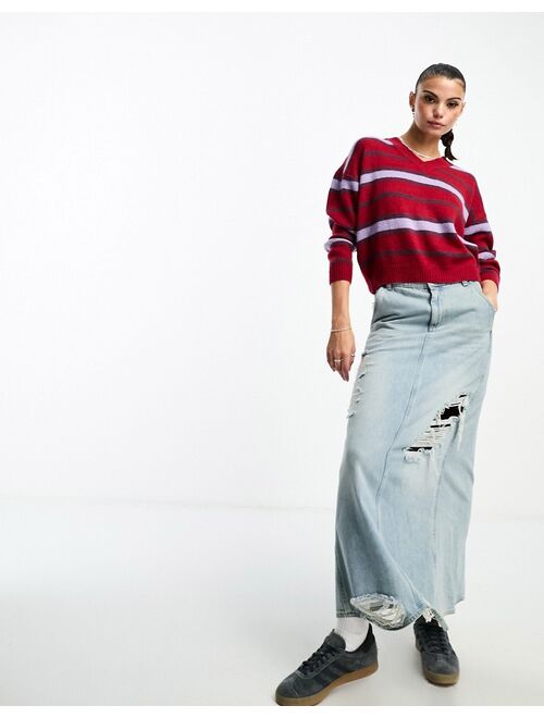 Daisy Street fitted v neck sweater in fluffy stripe knit