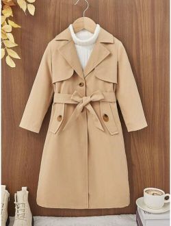 Little Girls' Woven Solid Oversized Collared Casual Long Coat