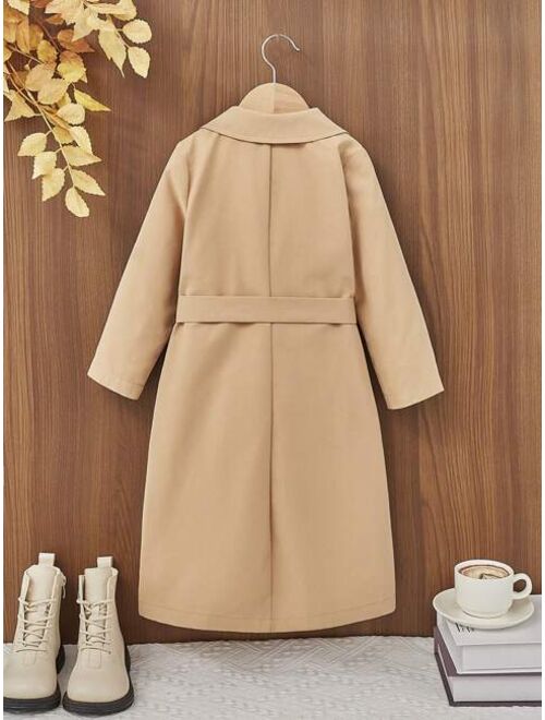 SHEIN Little Girls' Woven Solid Oversized Collared Casual Long Coat