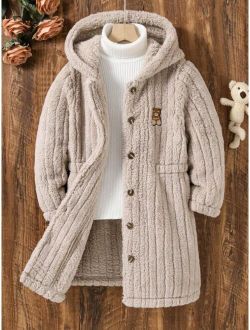 Tween Girl 1pc Bear Embroidery Hooded Coat