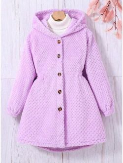 Tween Girl Solid Button Front Hooded Teddy Coat Without Sweater