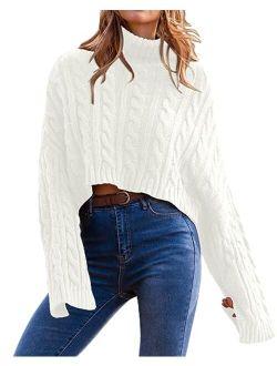 Women's Turtleneck Batwing Long Sleeve Crop Sweater 2023 Fall Chunky Cable Knit Cute Pullover Jumper Tops