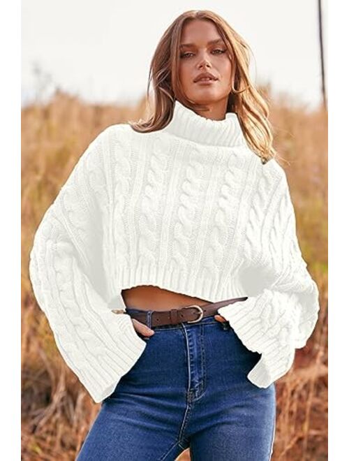 PRETTYGARDEN Women's Turtleneck Batwing Long Sleeve Crop Sweater 2023 Fall Chunky Cable Knit Cute Pullover Jumper Tops