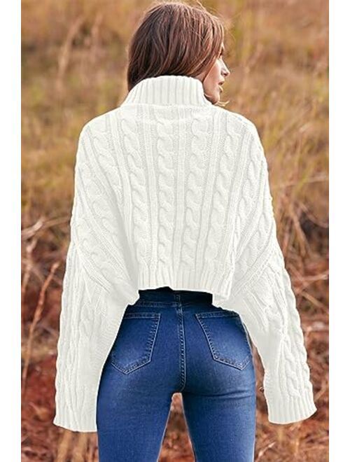 PRETTYGARDEN Women's Turtleneck Batwing Long Sleeve Crop Sweater 2023 Fall Chunky Cable Knit Cute Pullover Jumper Tops