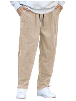 Men's Corduroy Pants Elastic Waist Drawstring Harem Pants Fashion Loose Casual Long Trousers with 4 Pockets