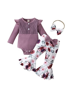 GRNSHTS Newborn Baby Girl Clothes Infant Baby Ruffle Long Sleeve Romper+Floral Flare Pants Bell Bottoms Outfit