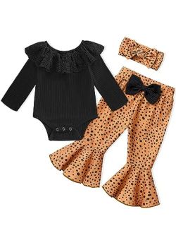 Ribabz Baby Girl Clothes, Baby Clothes Lace Ruffle Long Sleeve Romper + Flared Bell Bottom Pants + Headband 3Pcs Set Fall Outfits