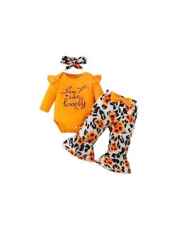 XRjxyushan Baby Girl Fall Outfit Letter Print Long Sleeve Jumpsuit Stretch Waist Leopard Flared Pants Headband 3pcs Clothes