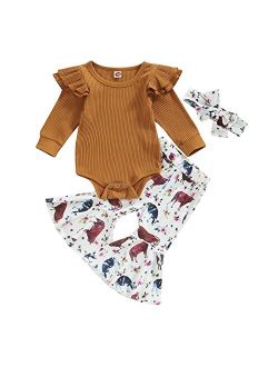 Blotona Baby Girl Fall Winter Clothes Ribbed Ruffle Long Sleeve Romper Cow Print Bell Bottom Pants Set Western Outfits