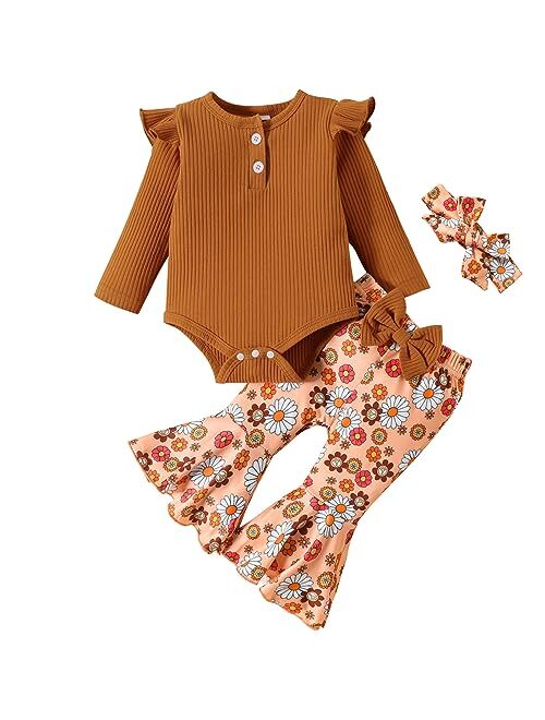 NEOBELLA Newborn Baby Girl Clothes 0-18 Months Long Sleeve Romper and Pants With Headband Infant Girl Fall Winter Outfits