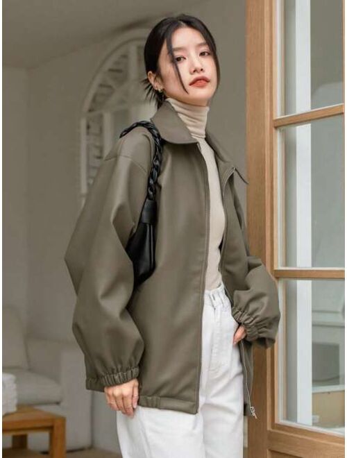 Dazy-Less Drop Shoulder Slant Pocket PU Leather Jacket