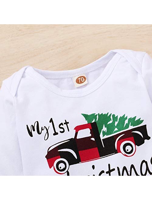 Sinhoon My First Christmas Outfit Baby Boy Long Sleeve Truck Rompers Xmas Plaid Pants Hat Clothes Set