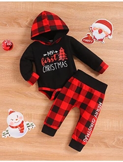 bilison My 1st Christmas Infant Baby Boy Outfits Set Newborn Boy Hoodies Sweatshirt Red Plaid Romper+Pant clothing Set