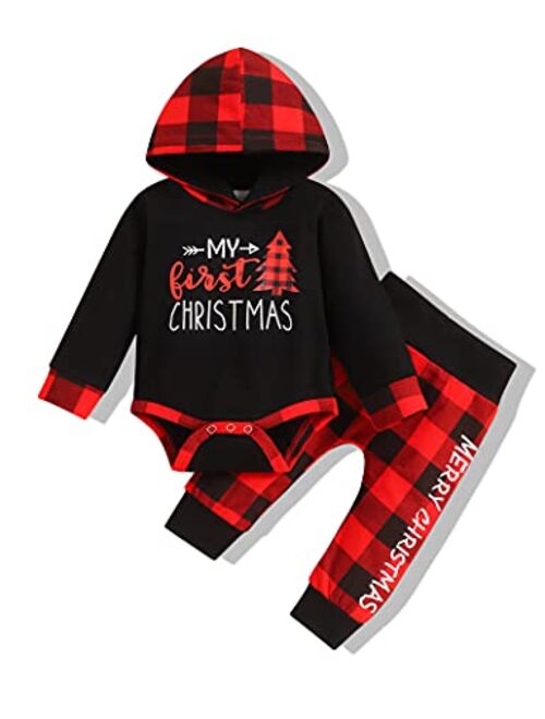 bilison My 1st Christmas Infant Baby Boy Outfits Set Newborn Boy Hoodies Sweatshirt Red Plaid Romper+Pant clothing Set