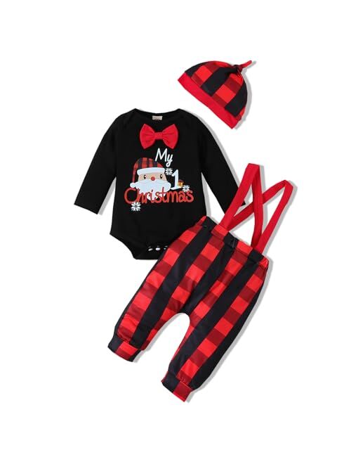VINUOKER Infant Baby Gentleman Clothes Set First Christmas Outfit Xmas Santa Baby Jumpsuit Romper 3pc Cotton Outfit Set