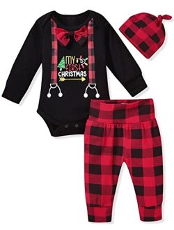 fioukiay Newborn Baby Boy My First Chirstmas Clothes Long Sleeve Bodysuit Romper Buffalo Plaid Pants Outfit Sets